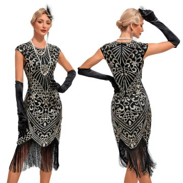 Back view of sequin flapper dress showing side zipper and fringe detail
