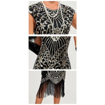 Womens Black 1920s Flapper Dress with Gold Sequins and Fringe