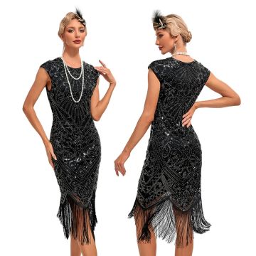 Black flapper dress with silver Art Deco sequins and long fringe hem