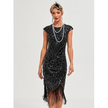 Womens Black Silver Sequin Flapper Dress with Fringe - 1920s Gatsby Costume