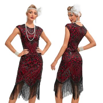 Burgundy sequin flapper dress with black Art Deco beadwork and fringe hem for 1920s Gatsby parties