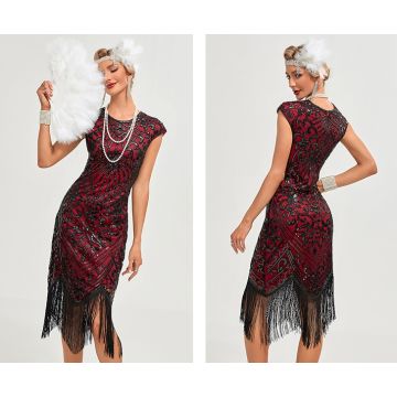 Women's Burgundy Sequin Flapper Dress - 1920s Gatsby Costume with Fringe Hem