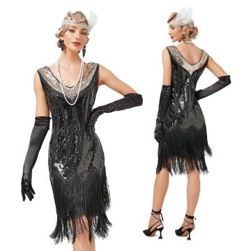 Black sequin flapper dress with Art Deco chevron pattern and tiered fringe hem