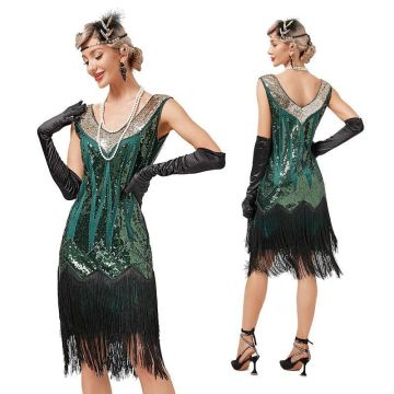 Emerald green 1920s flapper dress with art deco sequin panels and black fringe hem