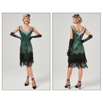 Women's 1920s Flapper Dress - Green Sequin Art Deco Costume with Fringe