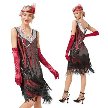 Womens black and red sequined 1920s flapper dress with art deco chevron pattern and multi-layered fringe hem