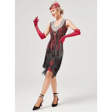 Womens Black Red Flapper Dress - 1920s Sequin Fringe Gatsby Costume