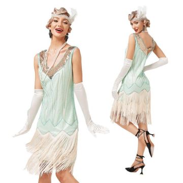 Womens mint sequin flapper dress with champagne fringe hem and art deco beaded neckline