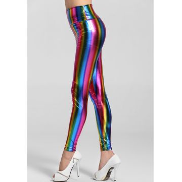 Adult Rainbow Metallic Leggings - 80s Disco Neon Stripe High-Waisted Pants
