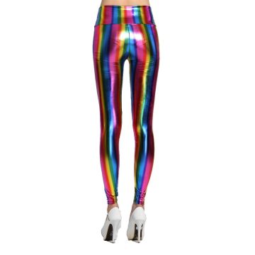Adult rainbow metallic leggings with vertical neon stripes and high-waisted band