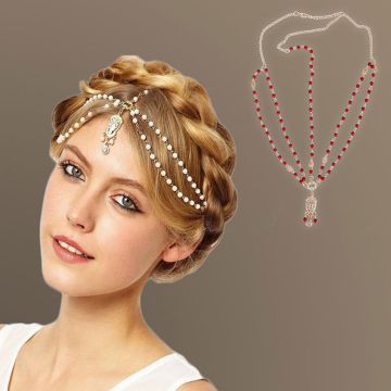 Womens 1920s flapper headpiece with gold chain and pearl beads, Art Deco forehead jewelry