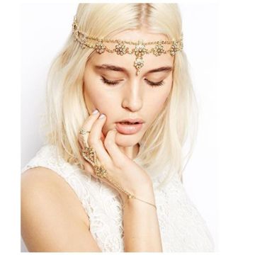 Close-up of gold flapper headband showing rhinestone-set daisy motifs and teardrop pendant