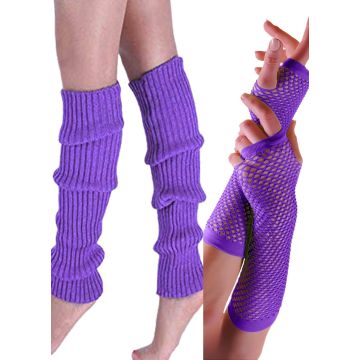 Adult 80s Purple Leg Warmers & Fishnet Gloves Set - Neon Retro Accessory Kit