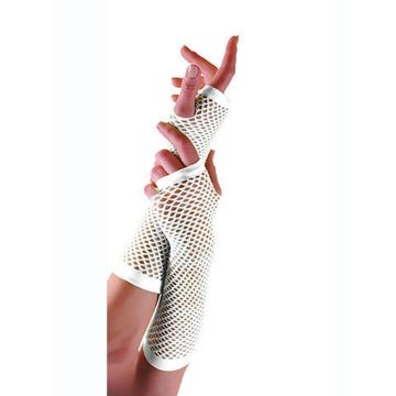 White Fishnet Fingerless Gloves - Adult 80s Retro Elbow Length Mesh Gloves