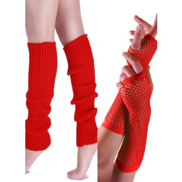 Adult 80s Red Fishnet Gloves and Leg Warmers Set - Retro Aerobics Accessory Kit