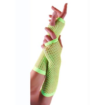 Adult Neon Green Fishnet Gloves - Elbow Length 80s Fingerless Party Gloves