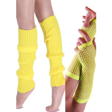 Adult wearing neon yellow fishnet gloves and ribbed leg warmers set