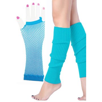 Adult 80s Neon Blue Fishnet Gloves & Leg Warmers Set