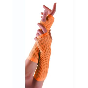 Womens Orange Fishnet Fingerless Gloves - Neon 80s Costume Accessory