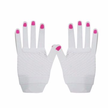 Adult Womens White Fishnet Fingerless Gloves with Pink Nails
