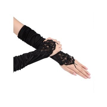 Women's Black Lace Long Fingerless Gloves - Ruched Satin Formal Opera Gloves