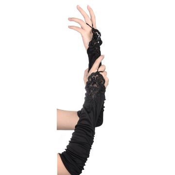 Black satin long fingerless gloves with beaded lace appliqué at wrist