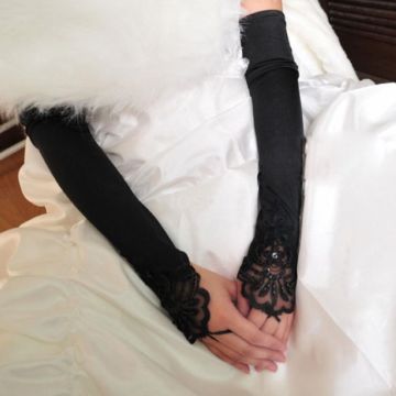Adult Black Lace Opera Gloves - Fingerless Satin Evening Gloves with Beaded Trim