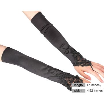 Black satin opera gloves with embroidered lace cuff and beaded trim