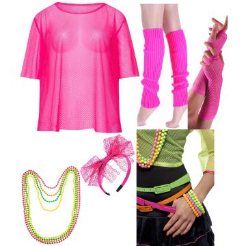 Adult 1980s dance costume accessory set with hot pink mesh top, neon leg warmers and beaded jewelry on white background