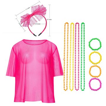 Pink Neon Fishnet Vest Top T-Shirt 1980s Costume Plus Beaded Necklace Bracelet lx3013-1tt1017tt1050tt1048-12