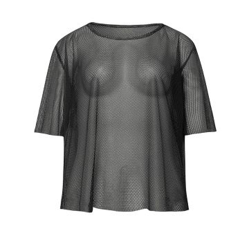 Black fishnet mesh vest with diamond-pattern open weave and short sleeves
