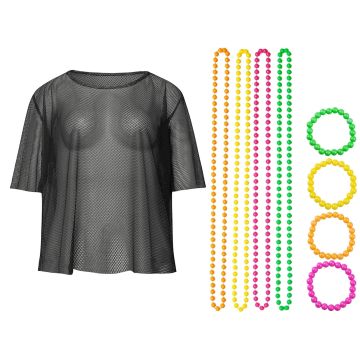 Adult 80s Mesh Fishnet Top with Neon Beaded Jewelry Set