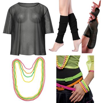 Adult 80s Costume Accessory Set - Neon Beads, Fishnet Vest & Leg Warmers
