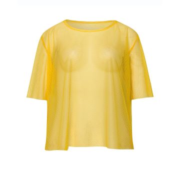 Adult yellow fishnet mesh top with elbow-length sleeves, front view on white background