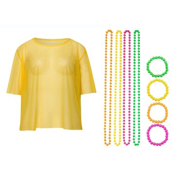 Adult Neon Yellow Fishnet Top with Beaded Accessories - 80s Costume