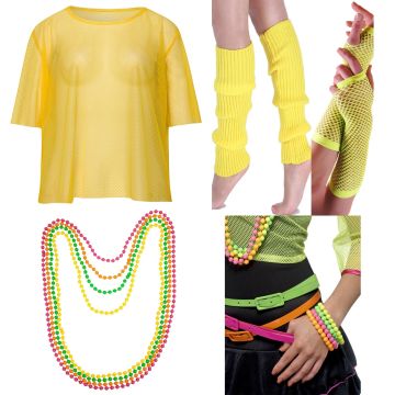 Adult 80s Neon Yellow Fishnet Costume Set with Leg Warmers and Gloves