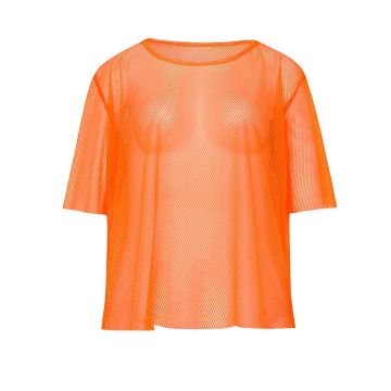 Adult neon orange mesh fishnet vest with oversized boxy fit and boat neckline