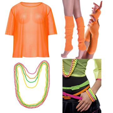 Adult 1980s Neon Orange Costume Accessory Set - 5 Piece 80s Party Kit