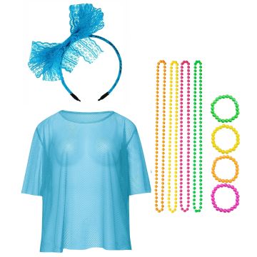 Blue Neon Fishnet Vest Top T-Shirt Set lx3013-5tt1017tt1050tt1048-8