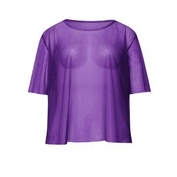 Purple fishnet mesh top in oversized tee style with crew neck and short sleeves