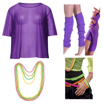 Adult 1980s Purple Fishnet Costume Accessory Set with Neon Beads