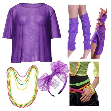 Adult 1980s purple neon fishnet string vest with fingerless gloves and legwarmers on white background