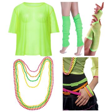 Adult 1980s Neon Fishnet Costume Set with Leg Warmers and Gloves