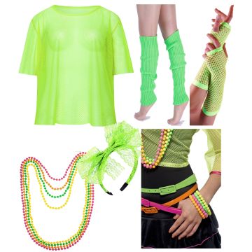 Adult wearing fluorescent lime mesh vest with neon beaded jewelry and fishnet gloves for 1980s costume party