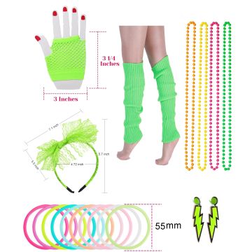 Women's 80s Neon Costume Accessory Set - Fishnet Gloves Leg Warmers Bow Headband