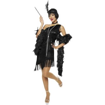 Adult women's 1920s black flapper costume with tiered fringe dress and feathered headband