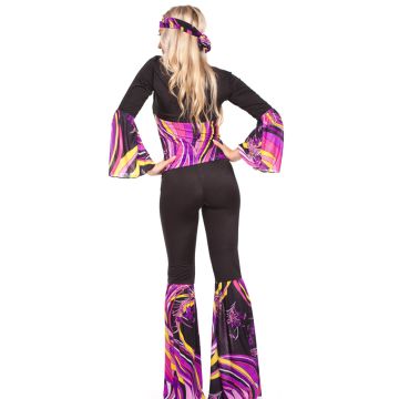 Womens 70s Disco Costume - Psychedelic Bell Sleeve Top, Flared Pants & Headband