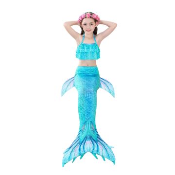 Girls Mermaid Tail Swimming Costume - 3 Piece Swimmable Bikini Set with Monofin