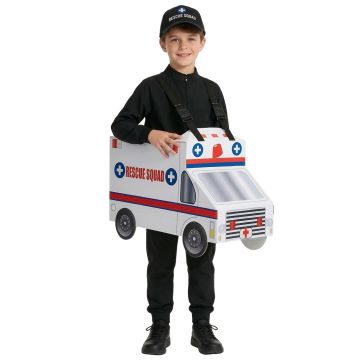 Child wearing white cardboard ambulance costume body over the shoulders with paramedic cap on head