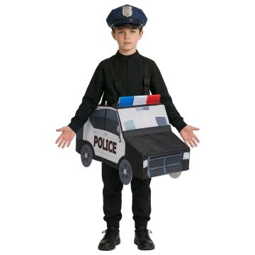 Child wearing black and white cardboard police cruiser costume body over the shoulders with officer cap